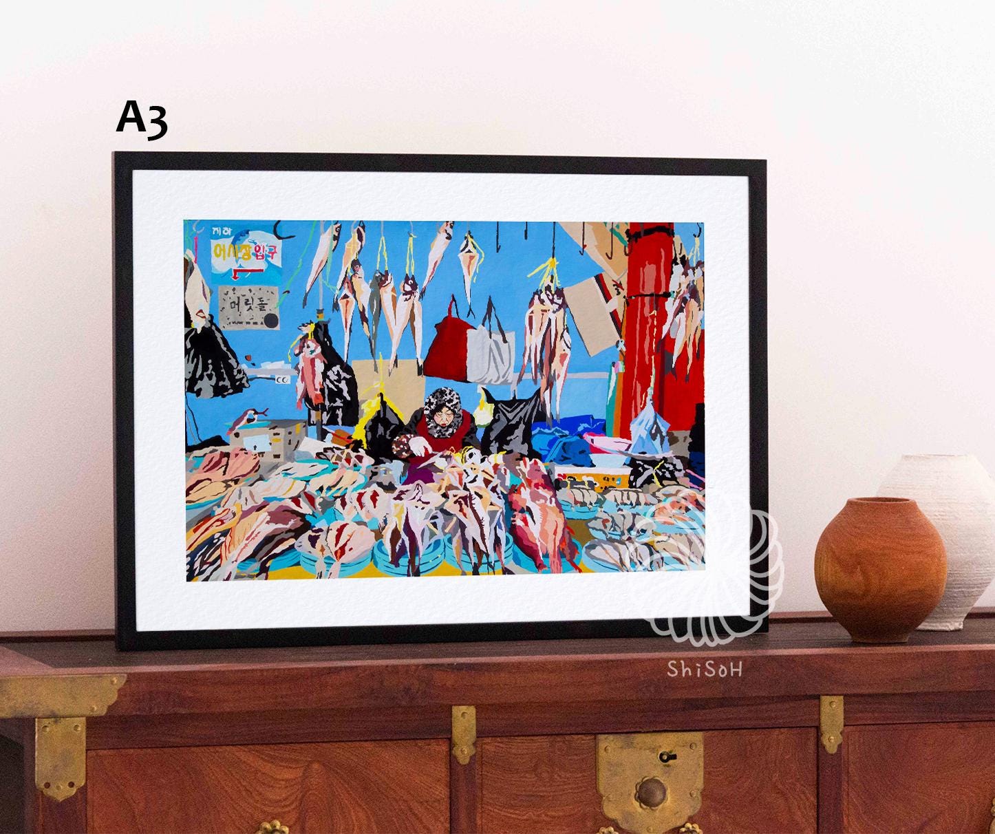 Seafood market / South Korea Painting / Art print A3, A4, A5