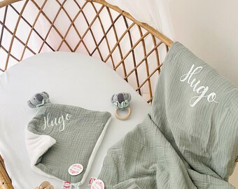 Personalized baby blanket, double gauze cotton, handmade in France, soft fleece, personalized with name, newborn gift set