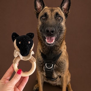 May include: A crochet dog rattle featuring a black and tan head with a beige ruffled collar attached to a smooth, round, light-colored wooden ring. The toy is held up next to a brown and black Belgian Malinois dog wearing a black harness.