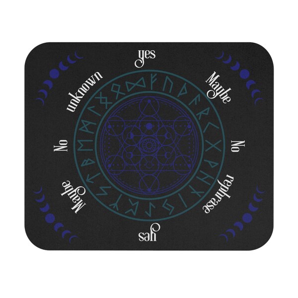 Tapis de radiesthésie rectangulaire bleu, vert et blanc. Géométrie sacrée et runes Divination Mat. Tapis pendulaire. Guidez votre divin.