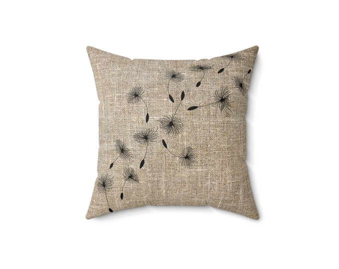 Dandelion Seeds Blowing in the Wind Illustration on Textile Graphic. Dandelion Throw Pillows. Farmhouse Decor. Living Room Decor.