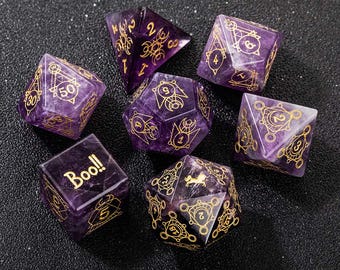 Aangepaste natuurlijke amethist astrologische stijl dobbelstenen, kerkers en draken, gepersonaliseerde geschenken, DND-cadeaus, cadeau voor haar, cadeau voor RPG-spelers, cadeaus