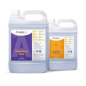 May include: Two clear plastic jugs labeled "resin art" with the text "Deep Pour Resin" and "Deep Pour Hardener" on the front. The jugs are 5 liters and 2.5 liters respectively.