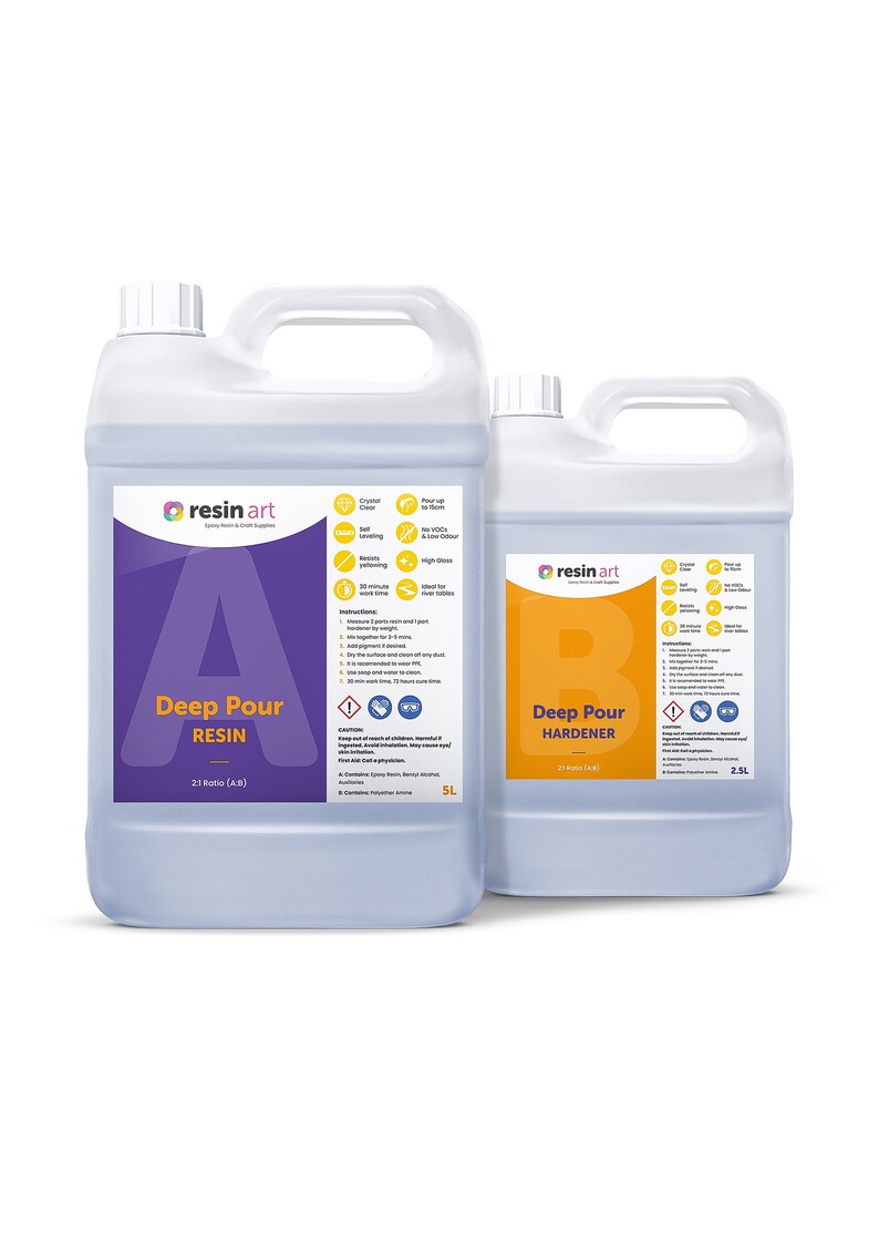 May include: Two clear plastic jugs labeled "resin art" with the text "Deep Pour Resin" and "Deep Pour Hardener" on the front. The jugs are 5 liters and 2.5 liters respectively.