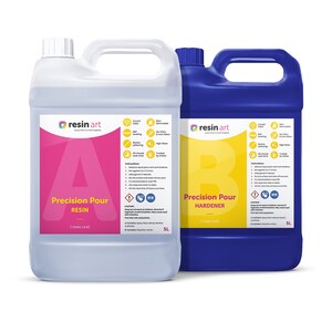 May include: Two 5-liter bottles of resin art epoxy resin and hardener. The resin bottle is clear and the hardener bottle is blue. Both bottles have labels with the resin art logo and instructions for use. The resin is labeled "Precision Pour Resin" and the hardener is labeled "Precision Pour Hardener".