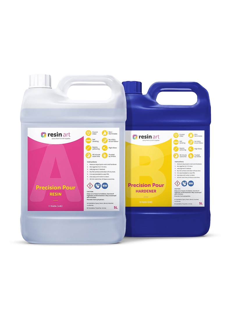 May include: Two 5-liter bottles of resin art epoxy resin and hardener. The resin bottle is clear and the hardener bottle is blue. Both bottles have labels with the resin art logo and instructions for use. The resin is labeled "Precision Pour Resin" and the hardener is labeled "Precision Pour Hardener".