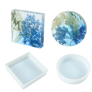 Op de afbeelding: Twee transparante harsvormen, een vierkante en een ronde, met blauwe en witte geperste bloemen erin. De vormen worden naast hun siliconen tegenhangers getoond, die wit en leeg zijn.