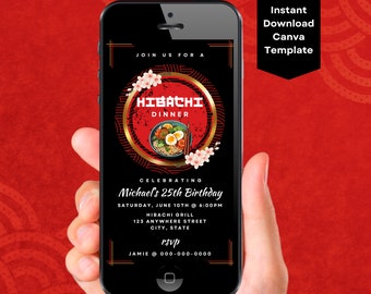 Plantilla de invitación a la cena Hibachi, invitación a la cena de cumpleaños de Hibachi, invitación a la fiesta de Hibachi, invitación a la fiesta de parrilla japonesa, fiesta de sushi