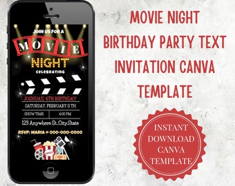 Modèle d'Invitation de fête d'anniversaire de nuit de film, invitation de nuit de film, soirée de film d'arrière-cour, modèle de Canva de nuit de film, texte invitent