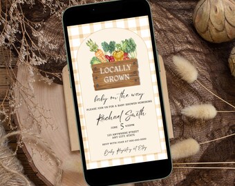 Plantilla de Canva para invitación de baby shower con productos de cultivo local, invitación digital de EVIT para baby shower con productos de cultivo local, invitación electrónica para teléfono.