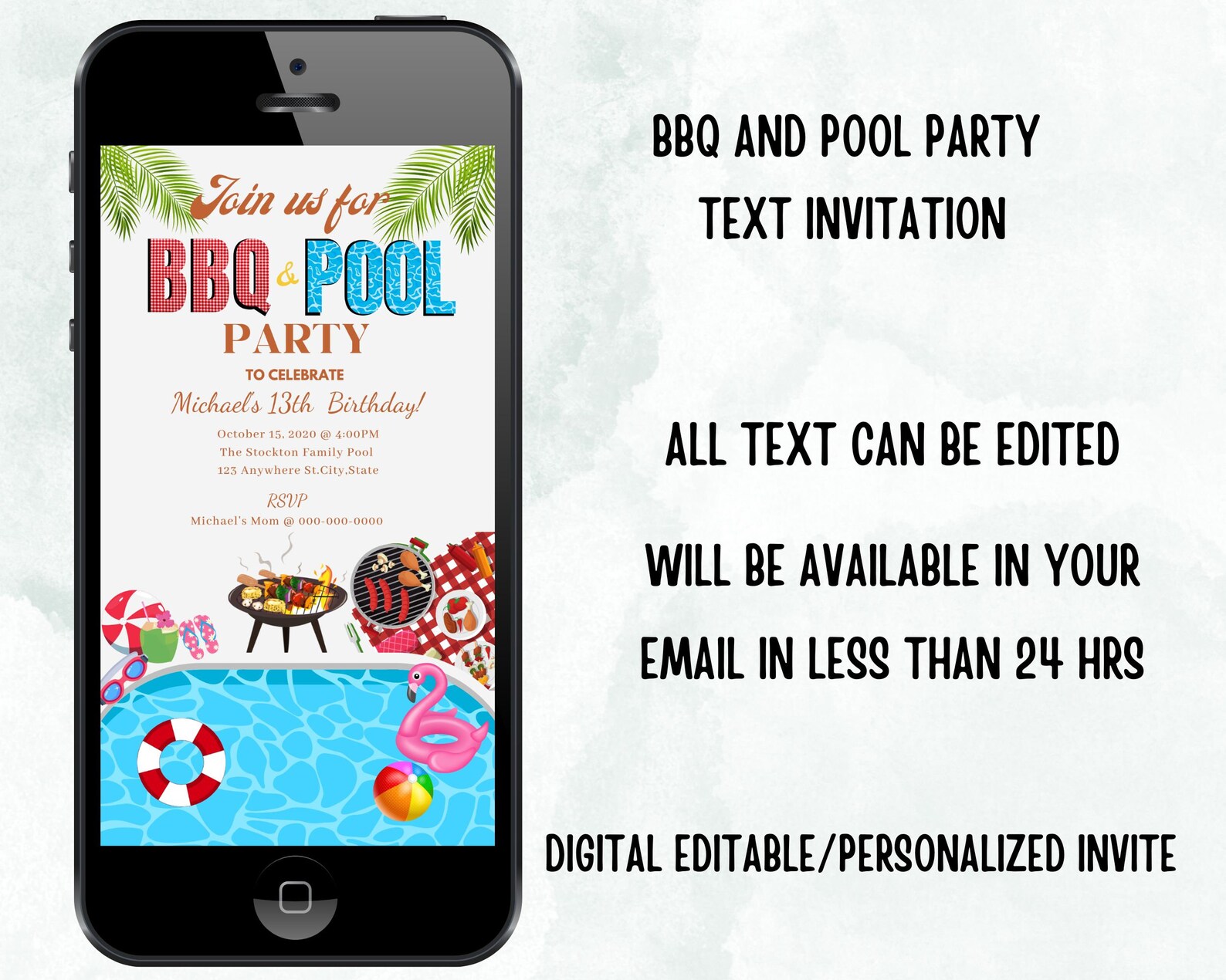 Editable BBQ Pool Party Invitation, BBQ Pool Birthday Party,backyard