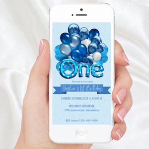 First Birthday Text Invitation Boy,Editable 1st Birthday Party Invite, One Balloon Party Blue Invite, Editable Text Invitation,Phone Invite