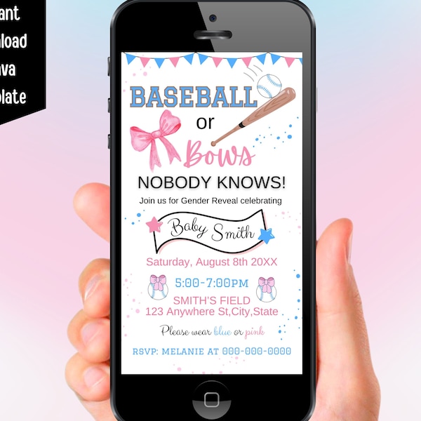 Baseball Or Bows Gender Reveal Party Evite Template Digital Gender Reveal Electronic Invitation Blue And Pink Gender Reveal Digital Invite