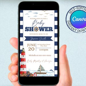Nautical Baby Shower Invitation Canva Template, Sailor Theme Baby Shower, Blue & White Nautical Theme, Lighthouse Baby Shower Invitation