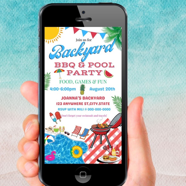 BBQ And Pool Party Invitation Canva Template, Editable Instant Download, Pool Party Invitation Template, Summer Party Invitation Template