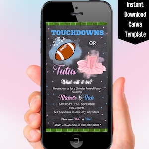 Touchdown o invito per rivelazione del sesso in tutù Canva Template, invito per rivelazione del sesso in tutù o football modificabile Download immediato digitale