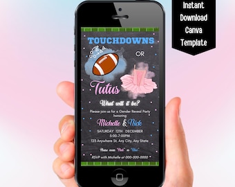 Plantilla Canva para invitación de revelación de género de fútbol o tutús, invitación editable de revelación de género de fútbol o tutús, descarga digital instantánea