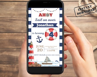 Plantilla Canva de invitación electrónica náutica, fiesta náutica, Ahoy, invitación de cumpleaños de niño, descarga instantánea, invitación editable para móvil