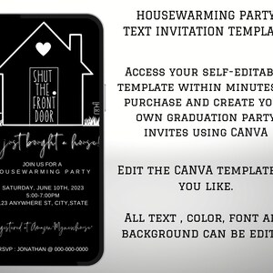 May include: Black and white digital phone screen with a housewarming party invitation. The invitation features a black house with a white heart and the text "Shut the front door" and "We just bought a house!"  The invitation includes the date, time, and address for the party. RSVP information is also included.