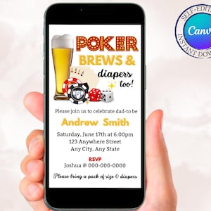 Poker Diaper Party Invite for Men, Poker Brews and Diaper Baby shower Invite, Dadchelor Party for the dad-to-be invite, Canva Template