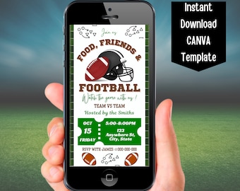 May include: A mobile phone screen displaying a football-themed party invitation. The invitation features a football helmet and ball, with the text "Join us FOOD, FRIENDS & FOOTBALL Watch the game with us! TEAM VS TEAM Hosted by the Smiths OCT 15 FRIDAY 5:00-8:00PM 123 Anywhere St, City, State RSVP WITH JAMES @000-000-000".
