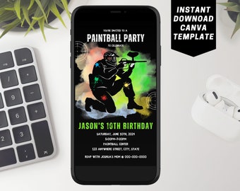 Plantilla de invitación de cumpleaños de paintball para niños, invitación a fiesta de paintball para niños, invitación de paintball editable, descarga instantánea de plantilla Canva