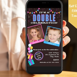 Editable Joint Birthday Invitation | Double Birthday Party Invite | Sibling Celebration Canva Template | Instant Download for Phone