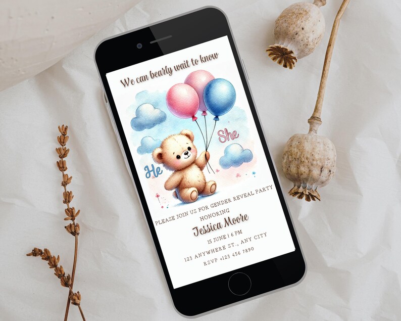 Bear Gender Reveal Evite, Teddy Bear Digital Invite Template, Bearly