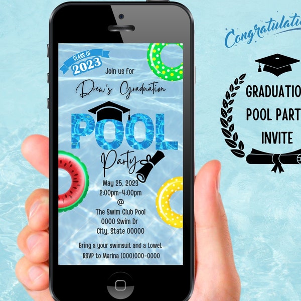 Graduation Pool Party, Animated graduation pool party invite, Class of 2023 pool party invite, Grad Pool Party,Text Invitation,