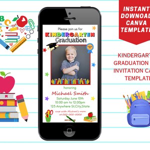 Bewerkbare sjabloon kleuterschool afstuderen uitnodiging, kleuterschool afstudeerfeest met foto uitnodigen, kleuterschool afstuderen flyer