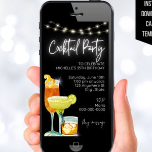 Minimal Cocktail Party Invitation Template, Electronic Cocktail Invitations, Happy Hour Evite,Editable Adult Cocktail Party Phone Invite