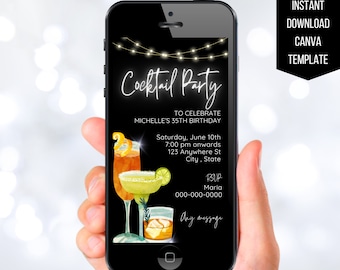 Minimal Cocktail Party Invitation Template, Electronic Cocktail Invitations, Happy Hour Evite,Editable Adult Cocktail Party Phone Invite