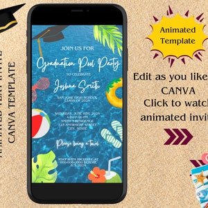 Animated Graduation Pool Party Invitation Template, Fun Pool Party Graduation Invite - Animated Template, Textable Design, Easy DIY Invite