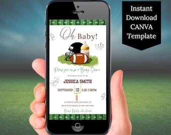 Plantilla de Canva para invitación de baby shower de fútbol, invitación digital de fútbol Touchdown, invitación de baby shower de Evite, invitación de baby shower con temática deportiva para teléfono