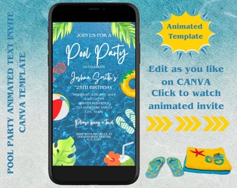 Plantilla de invitación a fiesta en la piscina con vídeo animado, invitación a la fiesta en la piscina digital, invitación a la fiesta de natación, celebración de cumpleaños de la fiesta en la piscina DigitSummer