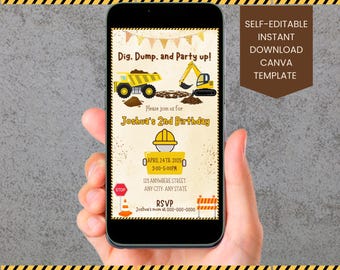 Invitación electrónica de cumpleaños de construcción, invitación electrónica de cumpleaños de camión de construcción, invitación a fiesta de camión volquete, plantilla de Canva editable para teléfono