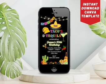 Plantilla de invitación a fiesta de cumpleaños de tacos y tequila, mexicano permite fiesta invitar a tacos y tequila margaritas texto invitar descarga instantánea