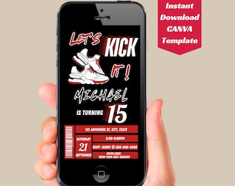 Invitación de cumpleaños con temática de zapatillas, invitación de zapatillas Let's Kick It para adolescentes, cumpleaños de preadolescentes, Sneaker Ball, invitación de cumpleaños Sneaker Bash