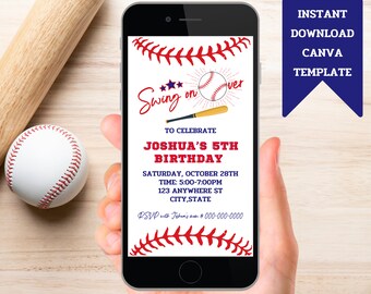 Invitación de cumpleaños de béisbol, plantilla de descarga digital editable de invitación electrónica, novato del año, invitación a fiesta deportiva
