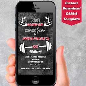 Editable Fitness Gym Birthday Invitation, Fitness Theme Birthday Party Invitation Canva Template, Workout Theme Invitation, Gym Party Invite