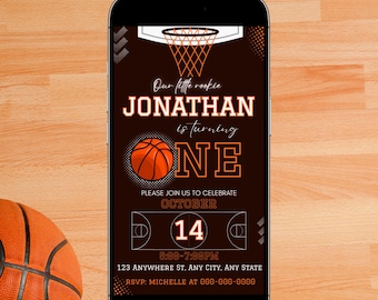 Basketball First Birthday Invitation for Boys, First Basketball Invite, Rookie Birthday Invite, Sports Invite for Boys, Canva Template