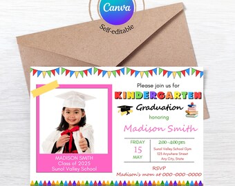 Invitación editable a la graduación de jardín de infantes, invitación imprimible a la ceremonia de la fiesta de graduación de jardín de infantes, plantilla Canva para tarjeta fotográfica de graduación