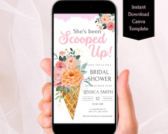 Plantilla de Canva para invitación de despedida de soltera con helado de She's Been Scooped Up, invitación floral para despedida de soltera con helado de She's Been Scooped Up