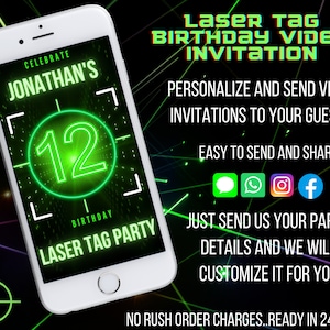 Laser Tag Birthday Video Invitation ,Laser Tag party invite, Neon laser tag invitation , Laser tag party,Editable Laser Tag Video Invitation