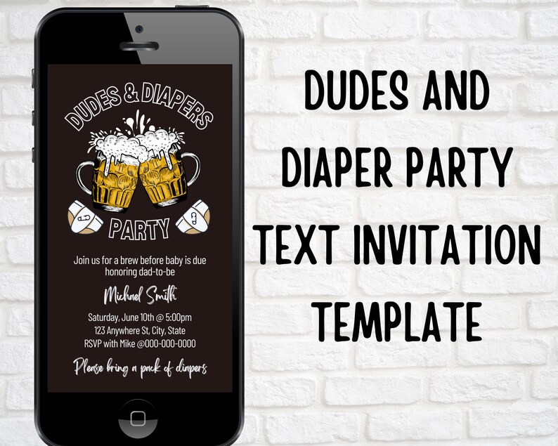 Diaper Text Dudes and Diapers Electronic Invitation, Text Evite, Editable Beer and ...
