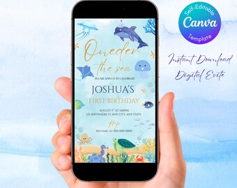 Invitación de cumpleaños bajo el mar, invitación digital para primer cumpleaños de niño, invitación de cumpleaños de animales del océano, plantilla de Canva