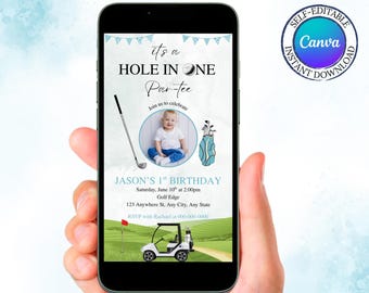 Plantilla de Canva para invitación de cumpleaños de golf "Hoyo en uno", invitación con foto para el primer cumpleaños de golf, invitación digital electrónica de golf para el primer cumpleaños de golf