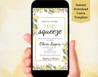 Plantilla de teléfono para invitación de despedida de soltera Main Squeeze / Invitación digital Lemon para Canva / Mensaje de texto para despedida de soltera Evite / Evite editable