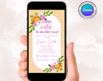 Invitación para baby shower de una niña adorable / Tema cítrico naranja y rosa / Invitación móvil editable / Plantilla Canva / Descarga instantánea