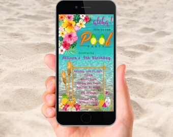 Luau Pool Part Animated Invitation,Tropical Animated Invite, Hawaiian Animated Invite,Animated Pool Party Invite, Luau Birthday Pool Party